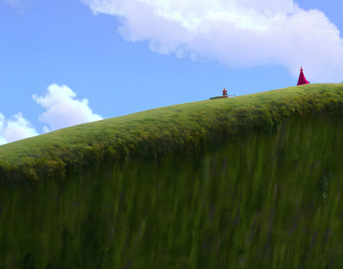 Vibrant green hill with colorful tents under a blue sky