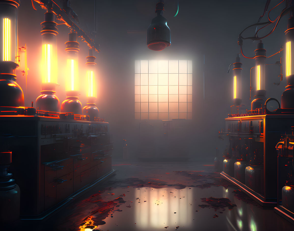 Futuristic laboratory with glowing orange tubes and bright window