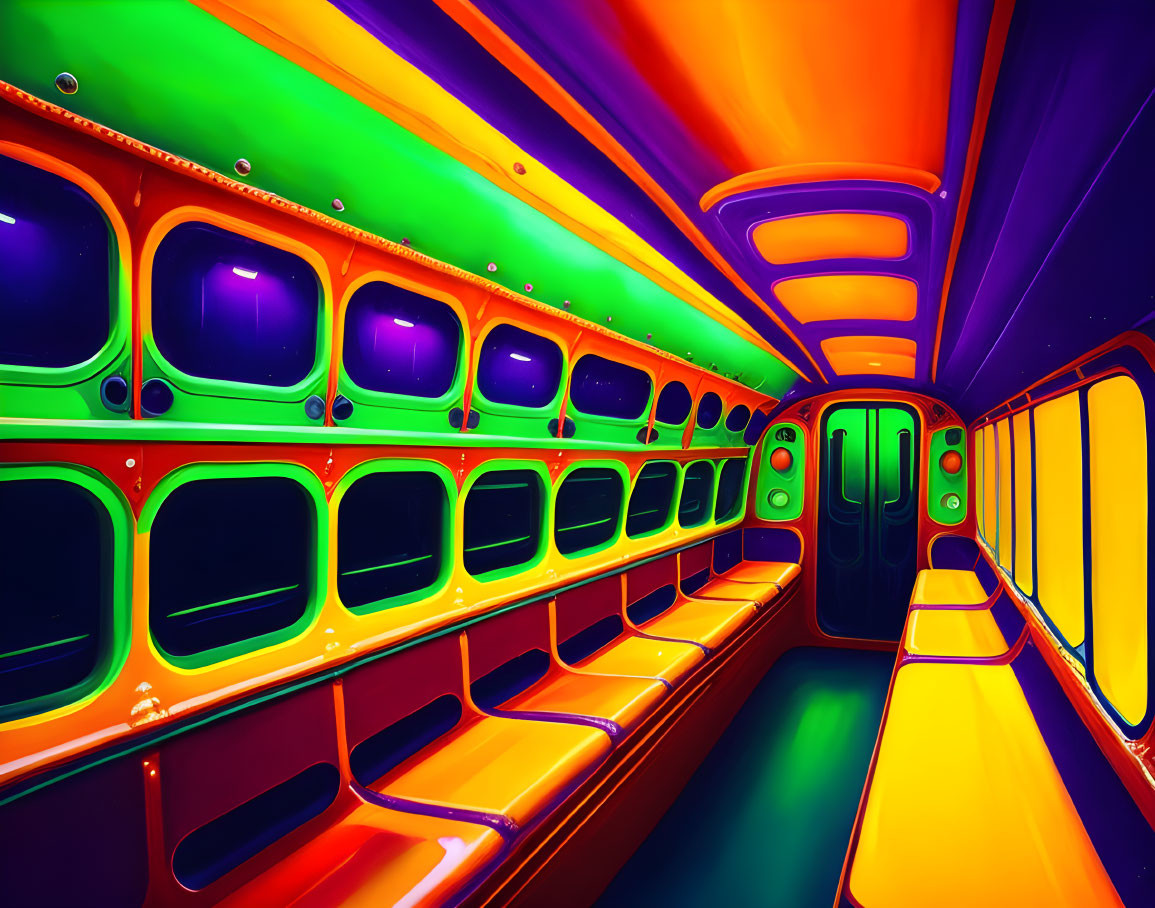 Colorful Psychedelic Bus Interior with Neon Lighting