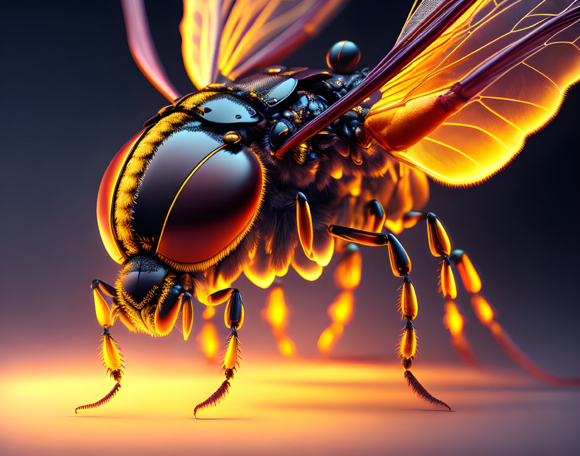 Detailed digital illustration of metallic bee with glowing orange wings in fantasy style