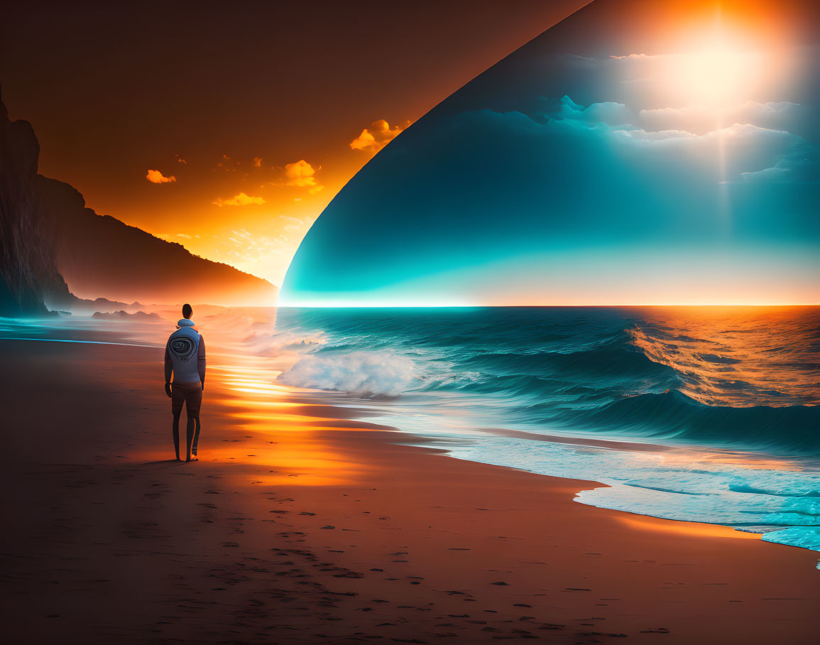 Person standing on beach at sunset facing imposing wave with ethereal blue glow and surreal crescent-shaped horizon