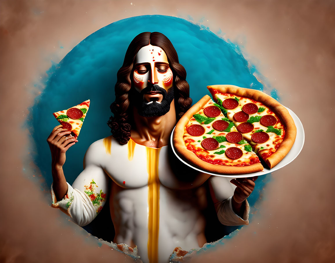 Man with long hair and beard holding pizza slice and plate against blue oval backdrop