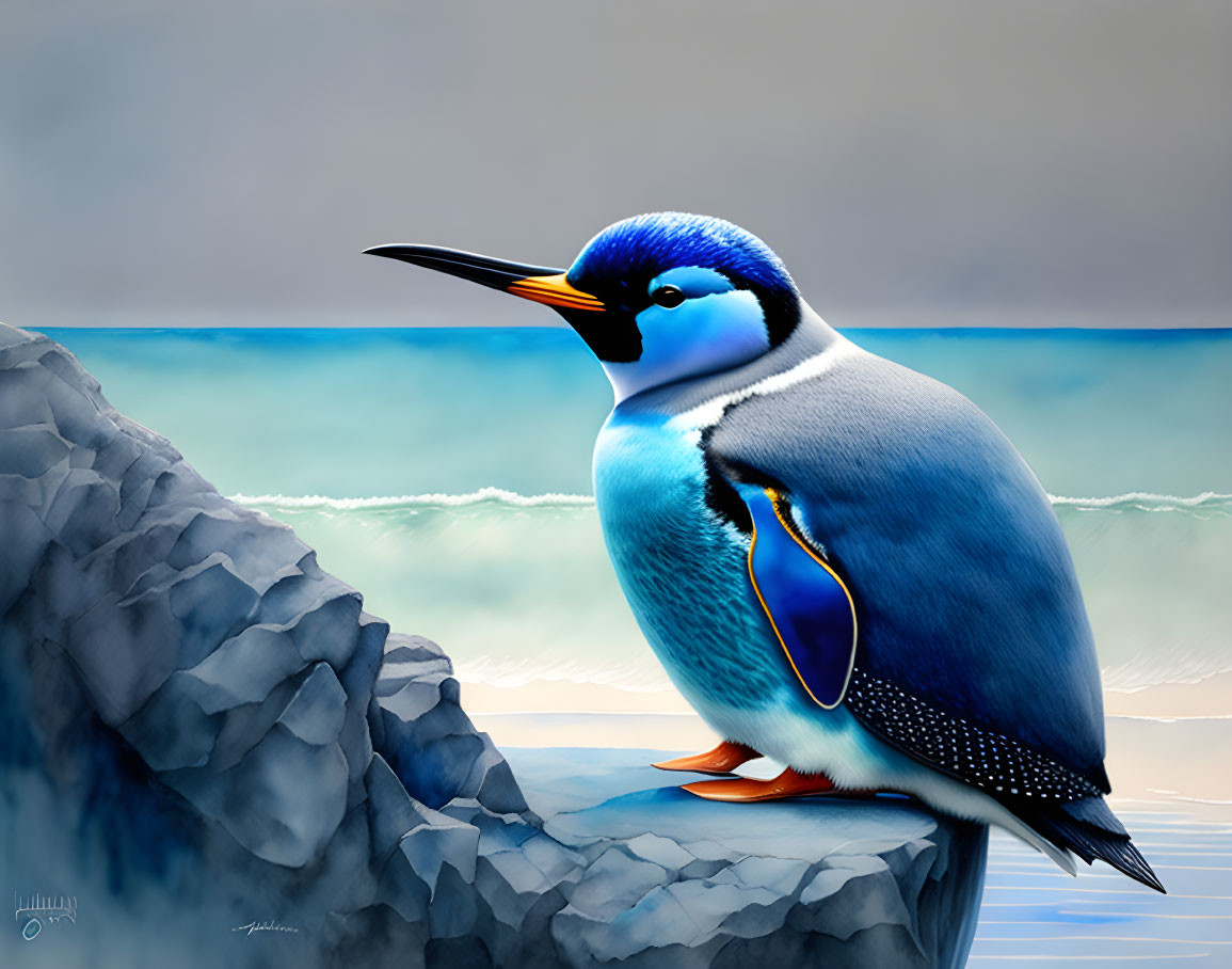 Colorful Blue Penguin on Rocky Cliff Against Soft Ocean Background