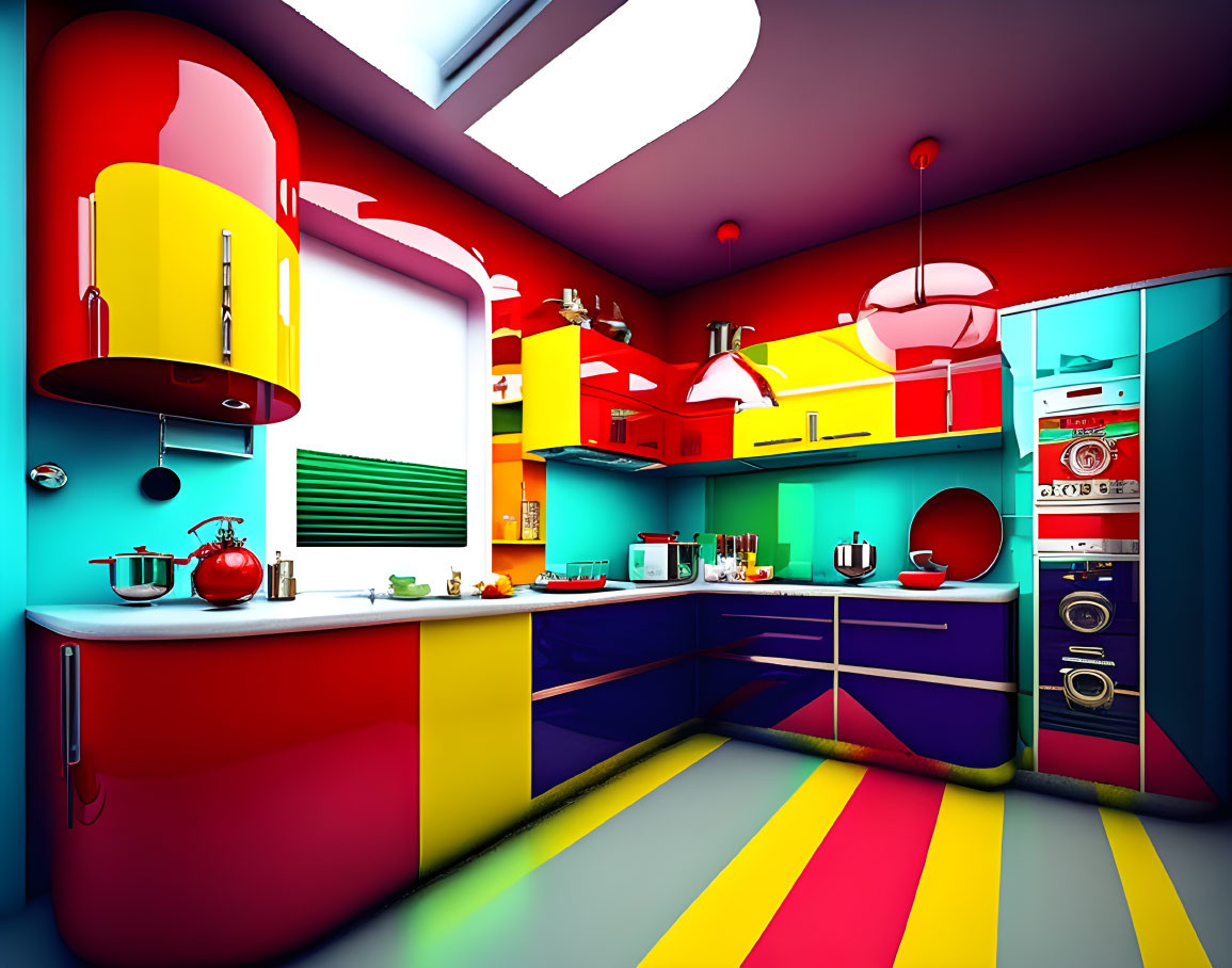 Vibrant Colorful Kitchen with Modern Appliances and Striped Flooring