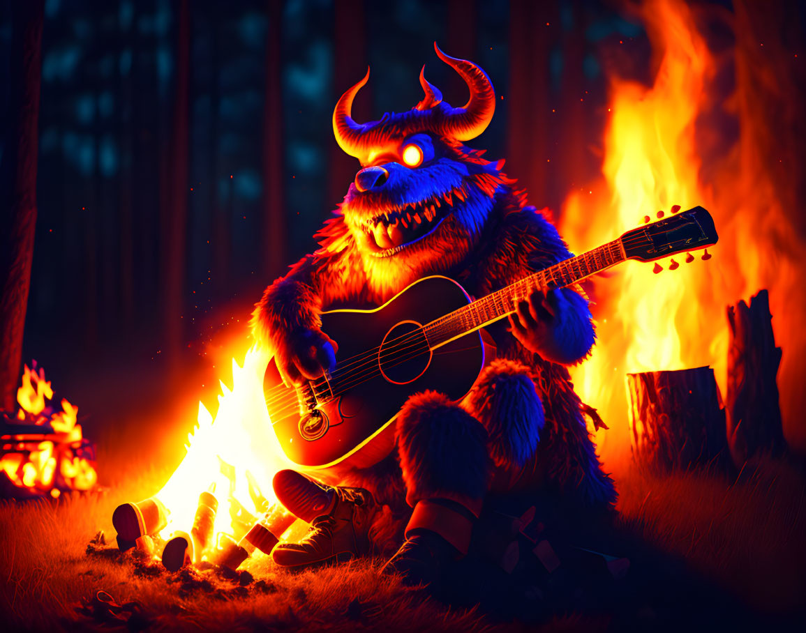 Colorful Monster Playing Guitar by Campfire in Dark Forest