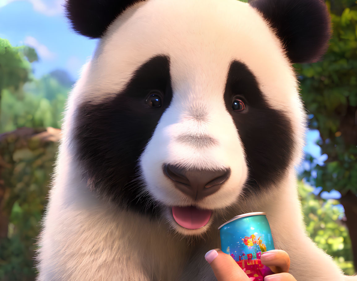 Animated panda holding colorful soda can in lush green forest