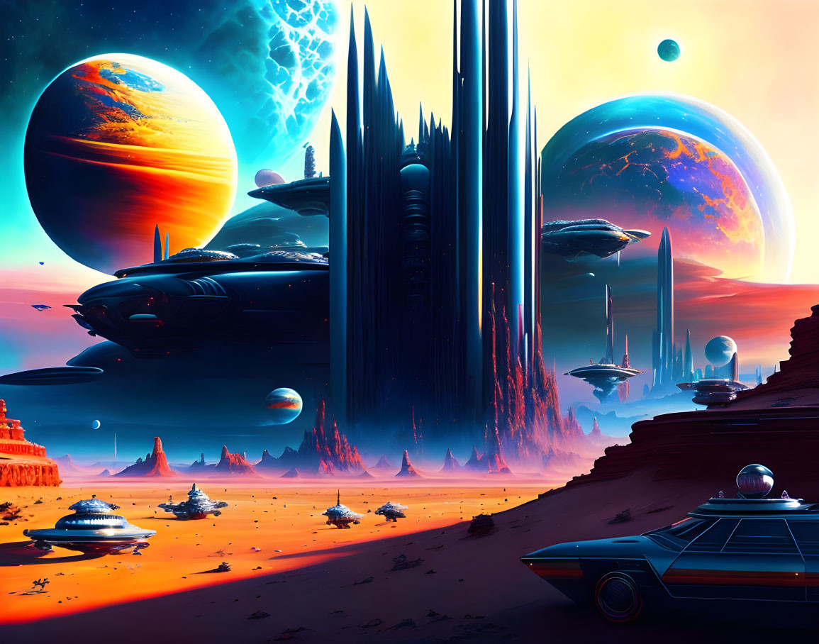 Vibrant sci-fi landscape with towering spires and flying saucers