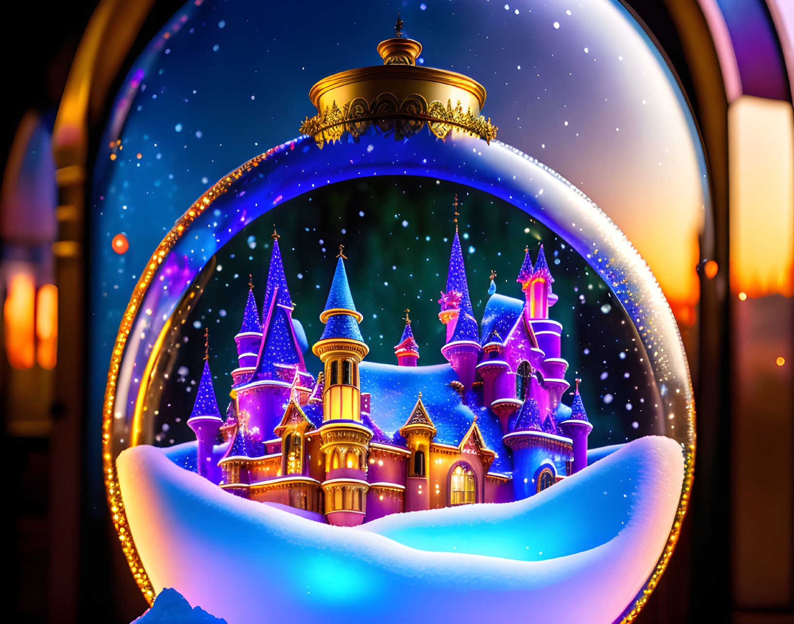 Enchanting fairy tale castle night scene with snow-covered turrets and twinkling stars