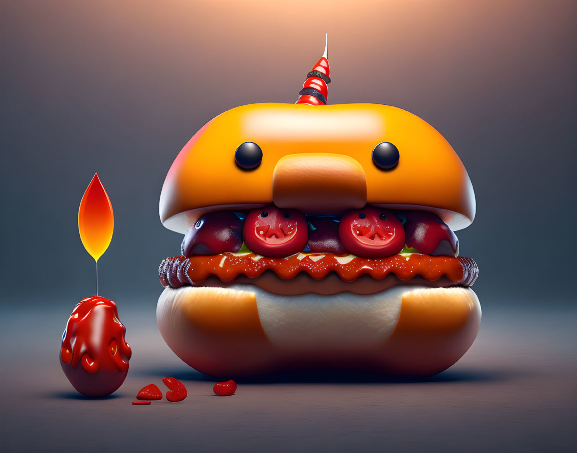 Illustration of whimsical burger with face, party hat, candle tail, and sauce heart.