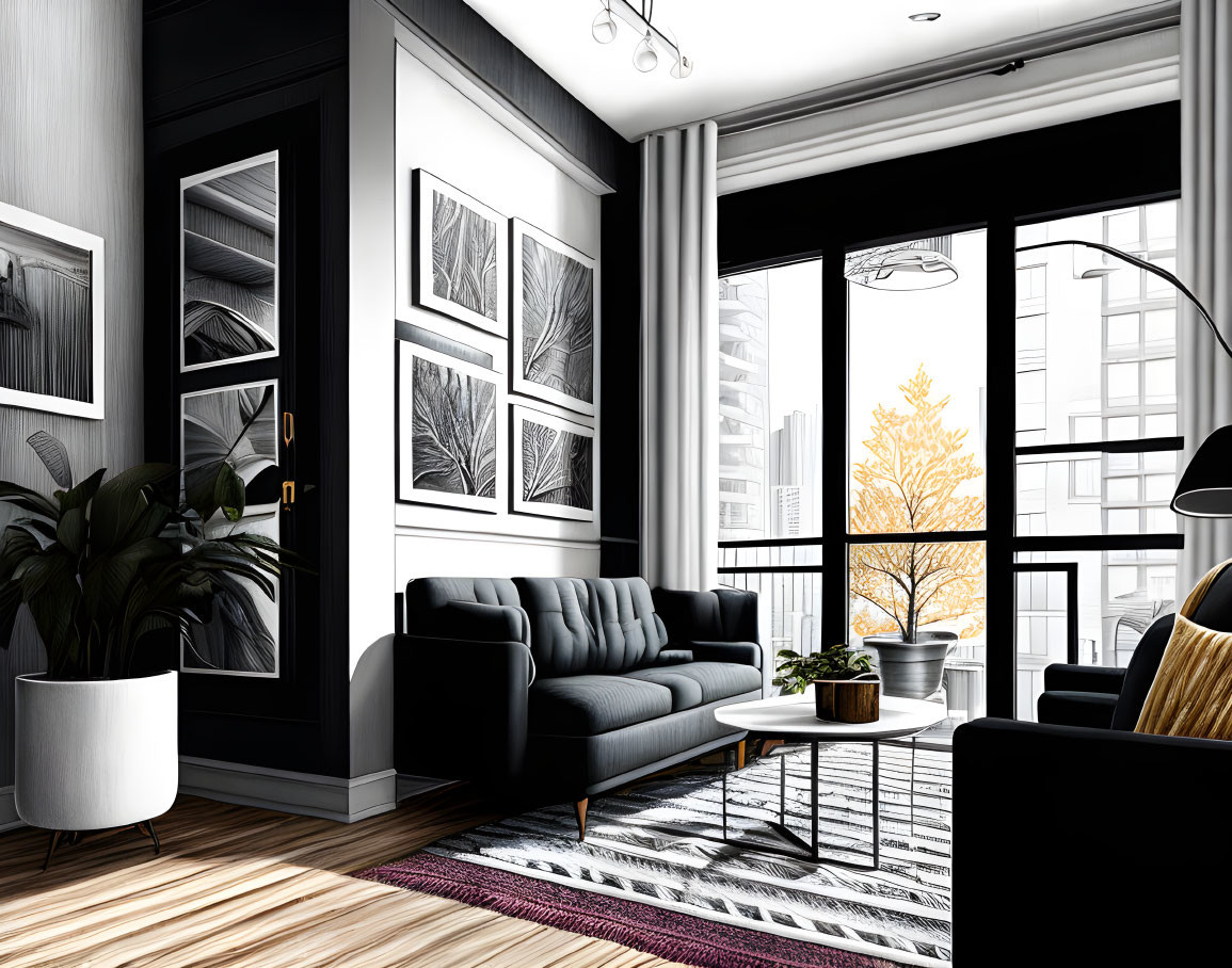 Contemporary living room with black sofa, patterned rug, city view, balcony tree.