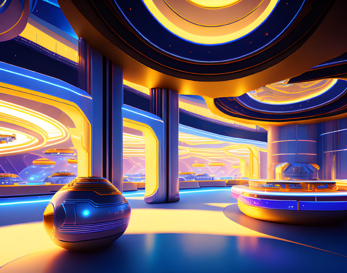 Futuristic interior with neon lighting and curved architecture