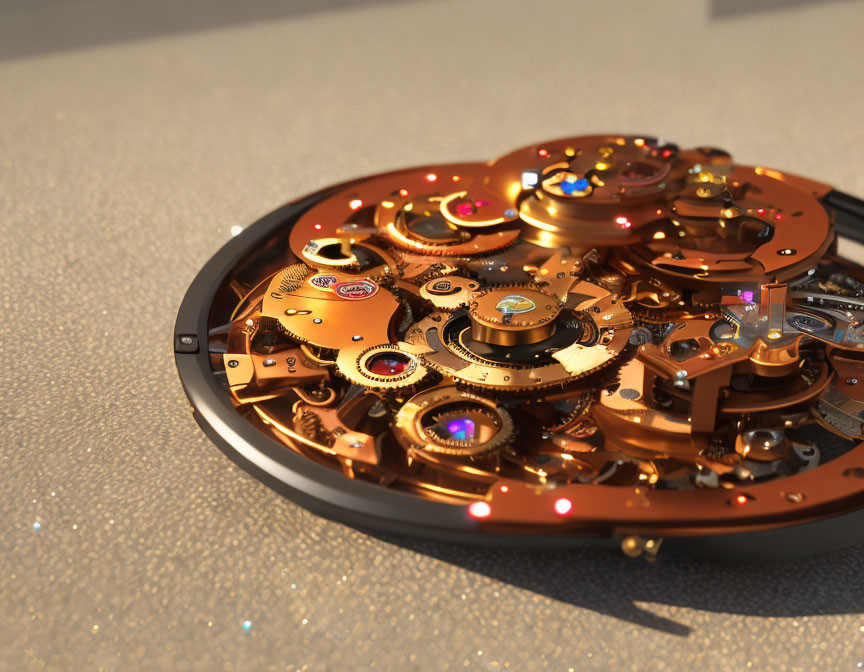 Detailed Golden Gear Mechanical Watch Movement on Glittering Surface