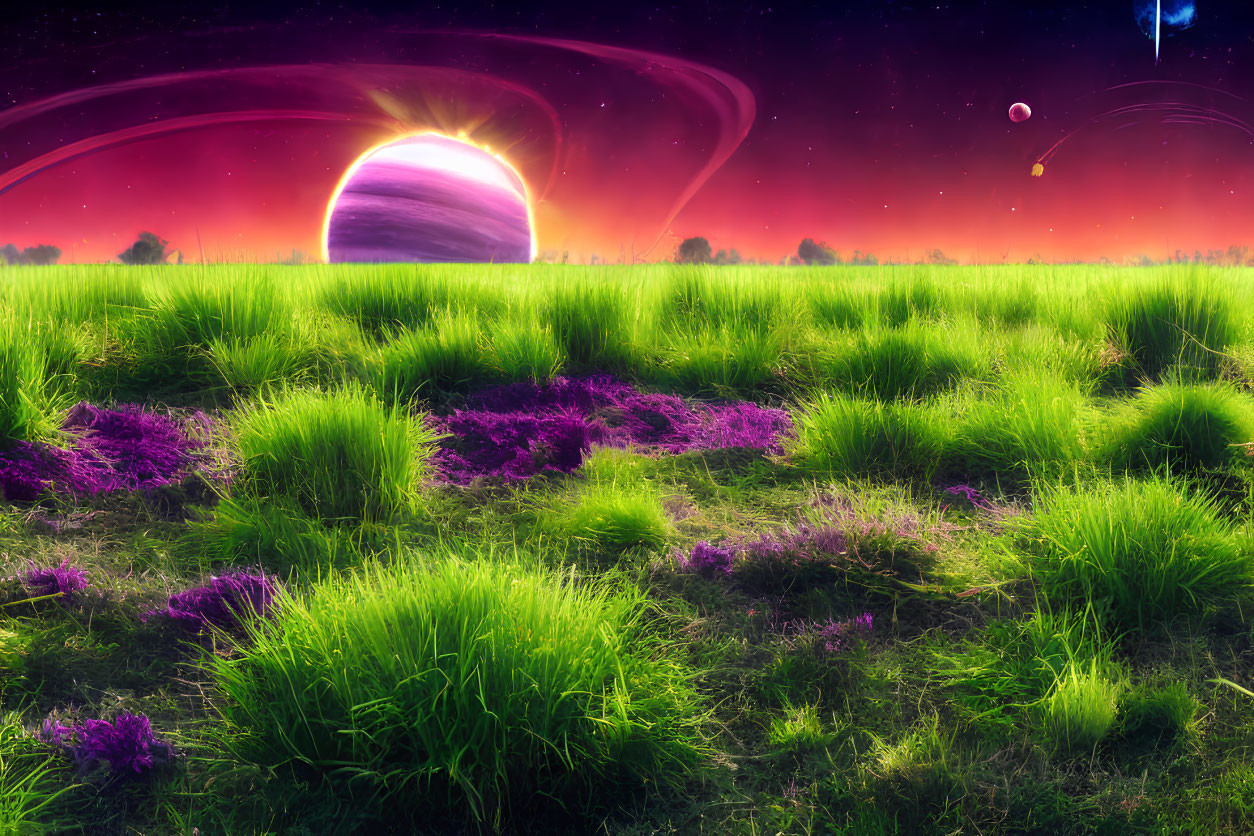 Fantasy landscape with green and purple grass under cosmic sky