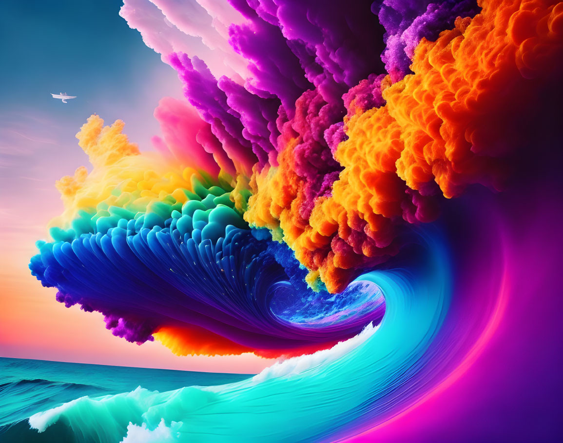 Digitally-altered vibrant wave and cloud formations with small plane in purple, orange, and blue hues