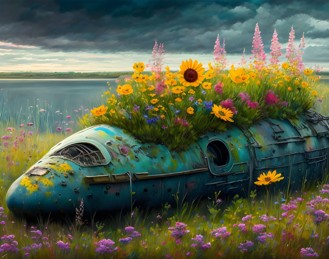 Colorful painting of dilapidated airplane fuselage with wildflowers under dramatic sky