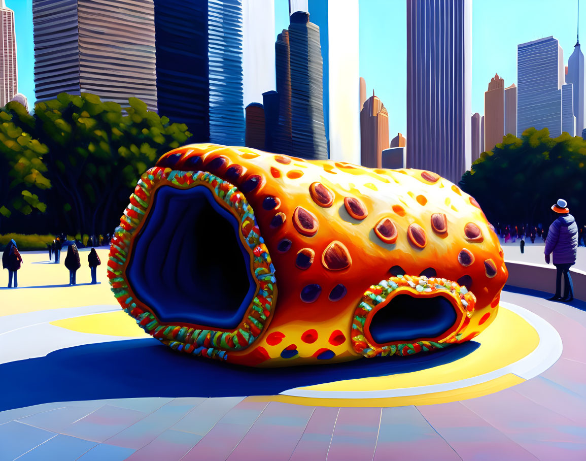 Colorful Sea Sponge Sculpture in Urban Park with Skyscrapers