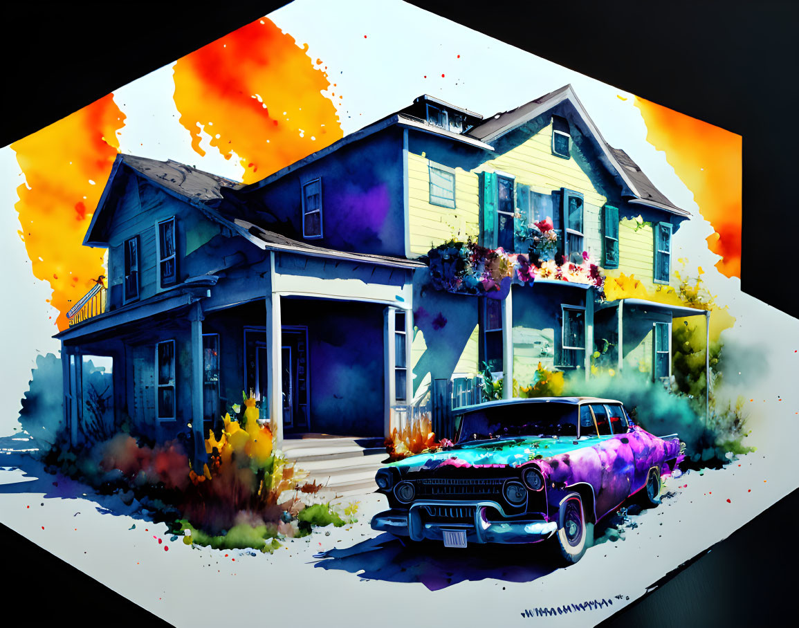 Vibrant Watercolor Art: Vintage Car and Classic House Illustration