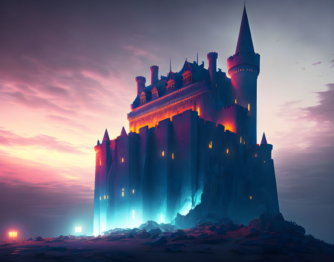 Majestic illuminated castle in twilight with glowing structures