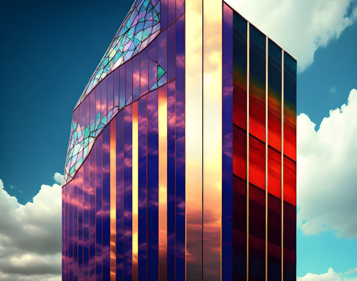 Glass building reflects vibrant sunset colors and dramatic sky clouds.