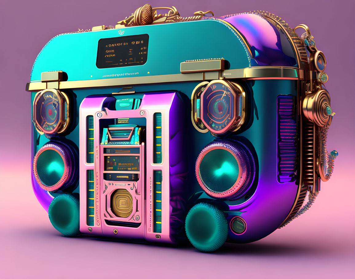 Vibrant futuristic boombox with glowing metallic and neon details