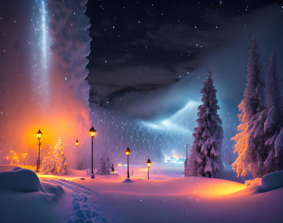 Snowy Trees & Glowing Lamps in Starlit Winter Night