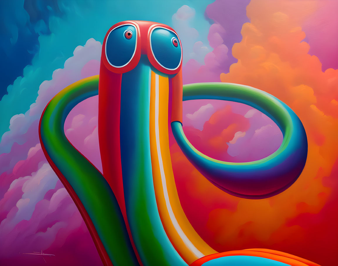 Vibrant surreal artwork: snakelike creature with round eyes on colorful cloud background