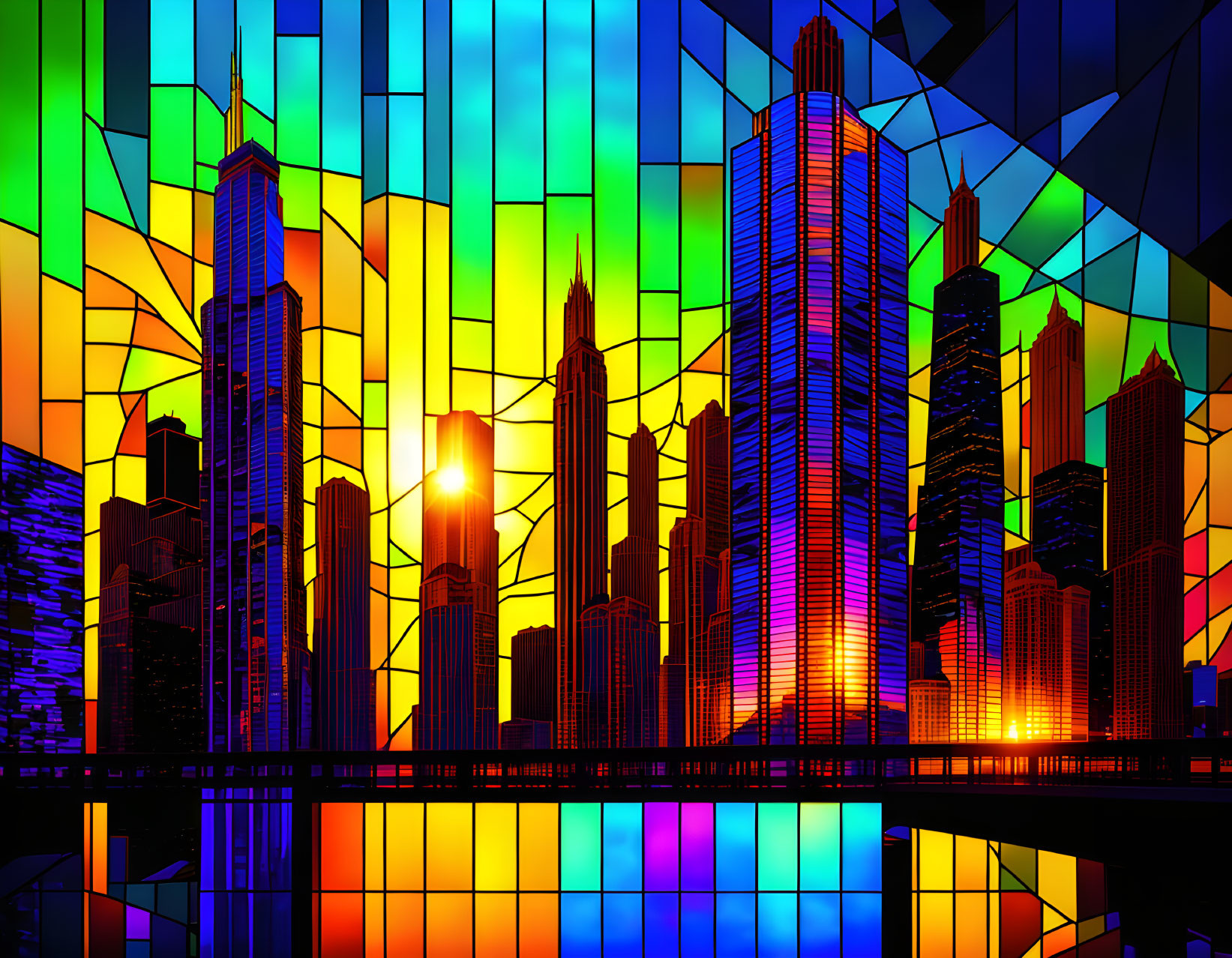 Vibrant cityscape illustration with skyscrapers, sunset, and bridge