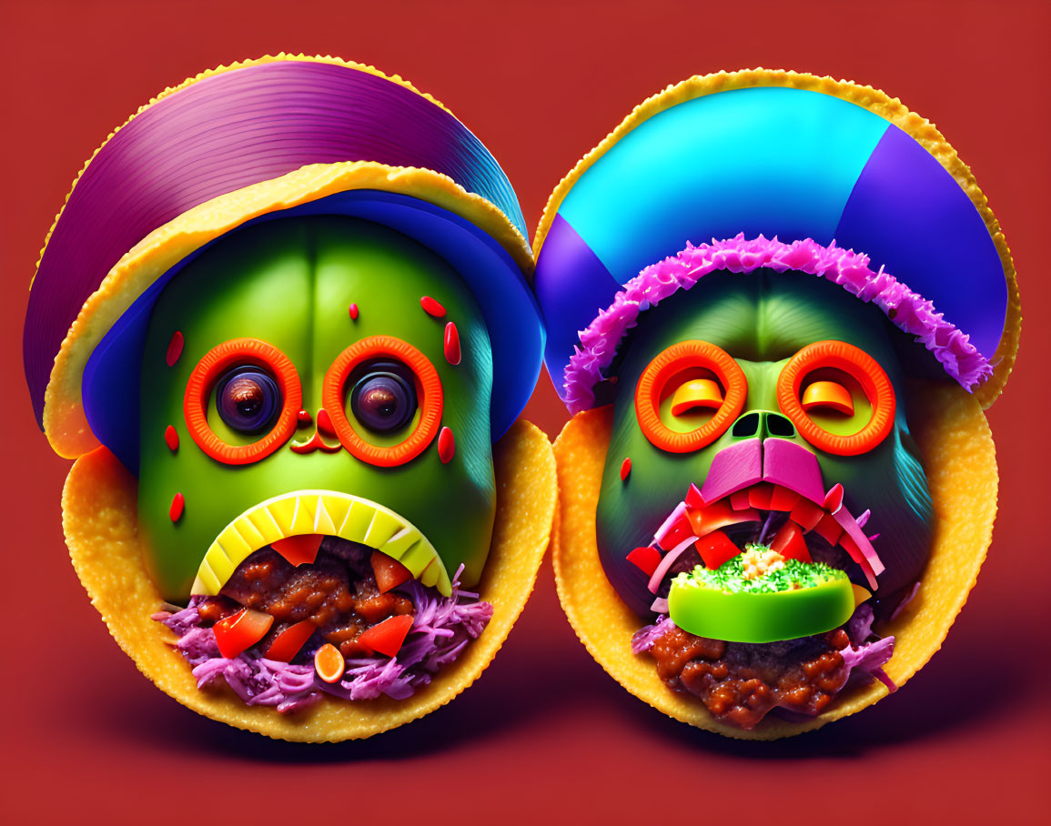 Colorful Taco Characters with Exaggerated Features on Red Background