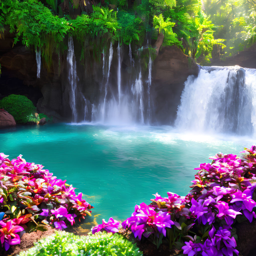 Tranquil Serenine Waterfall Surrounded by Greenery and Pink Flowers