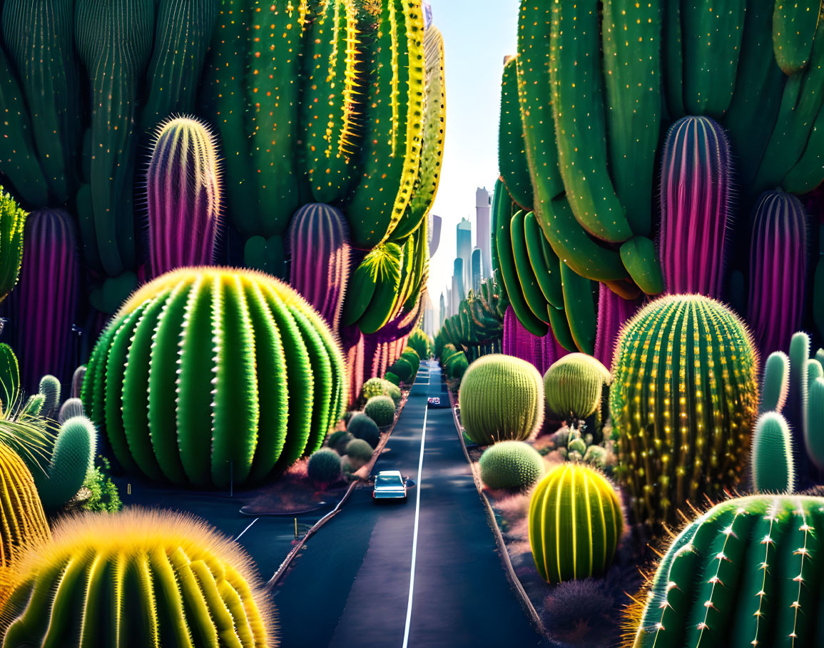 Colorful Street with Oversized Cacti Under Clear Sky