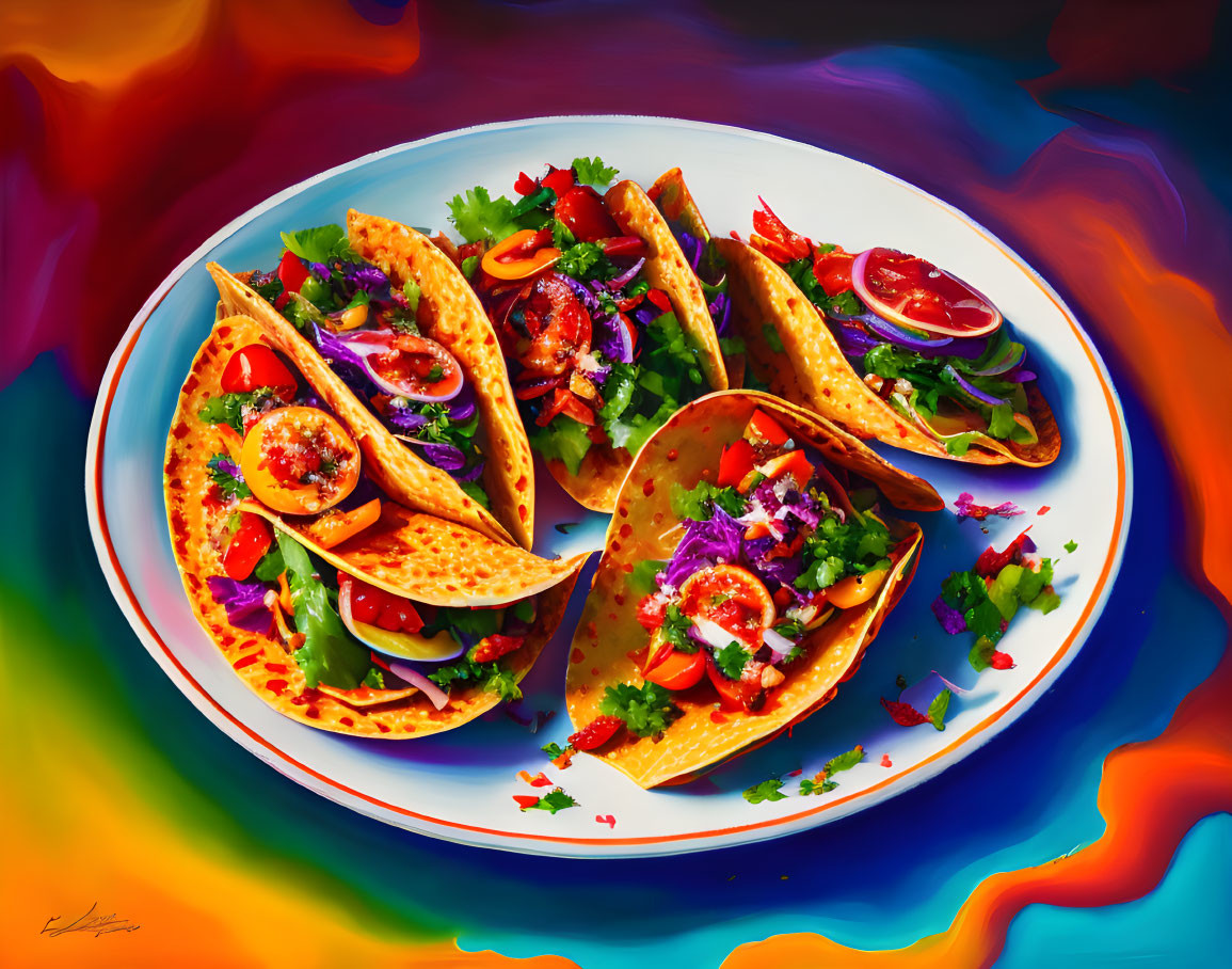 Vibrant Tacos on Colorful Plate with Abstract Rainbow Background