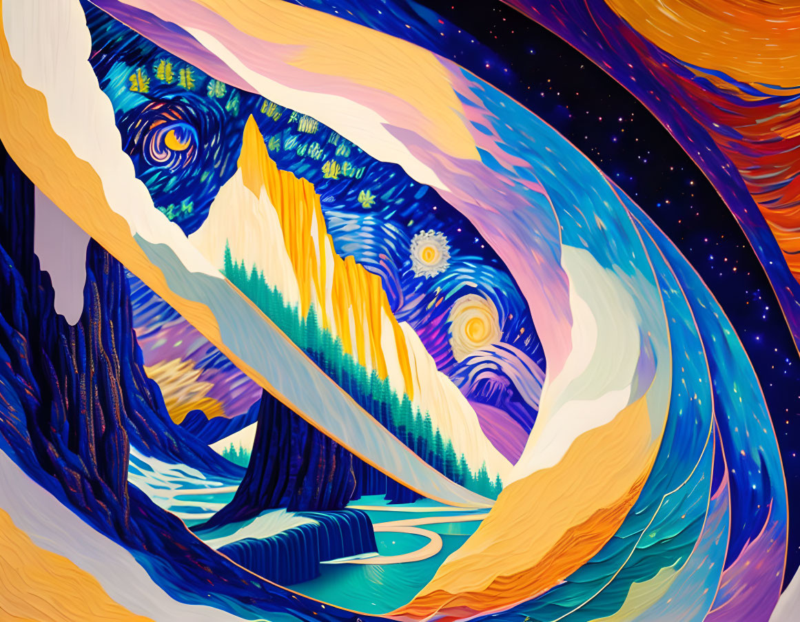 Abstract Art: Natural Landscapes and Cosmic Elements in Vibrant Palette