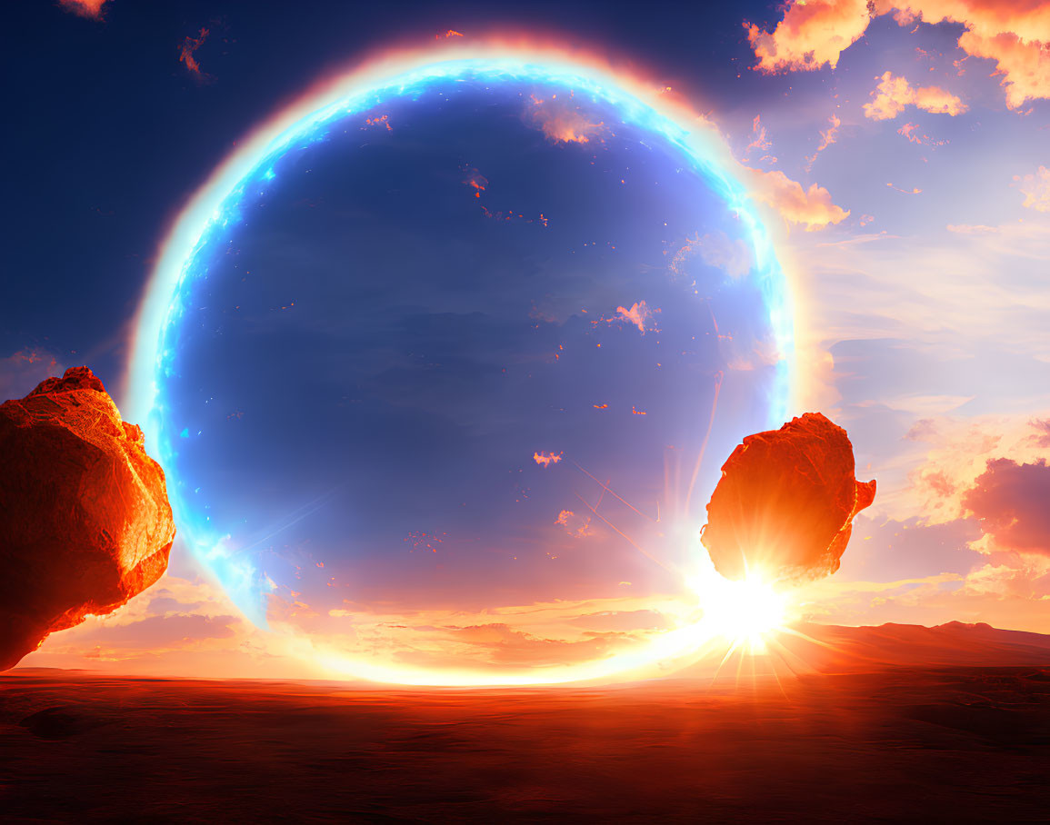 Surreal sunrise with levitating rocks and ethereal blue arc