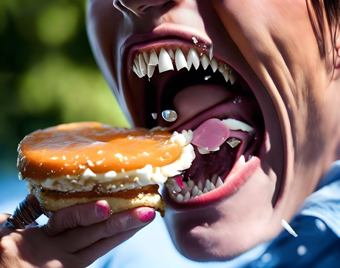 Person biting into cream-filled donut with teeth visible.