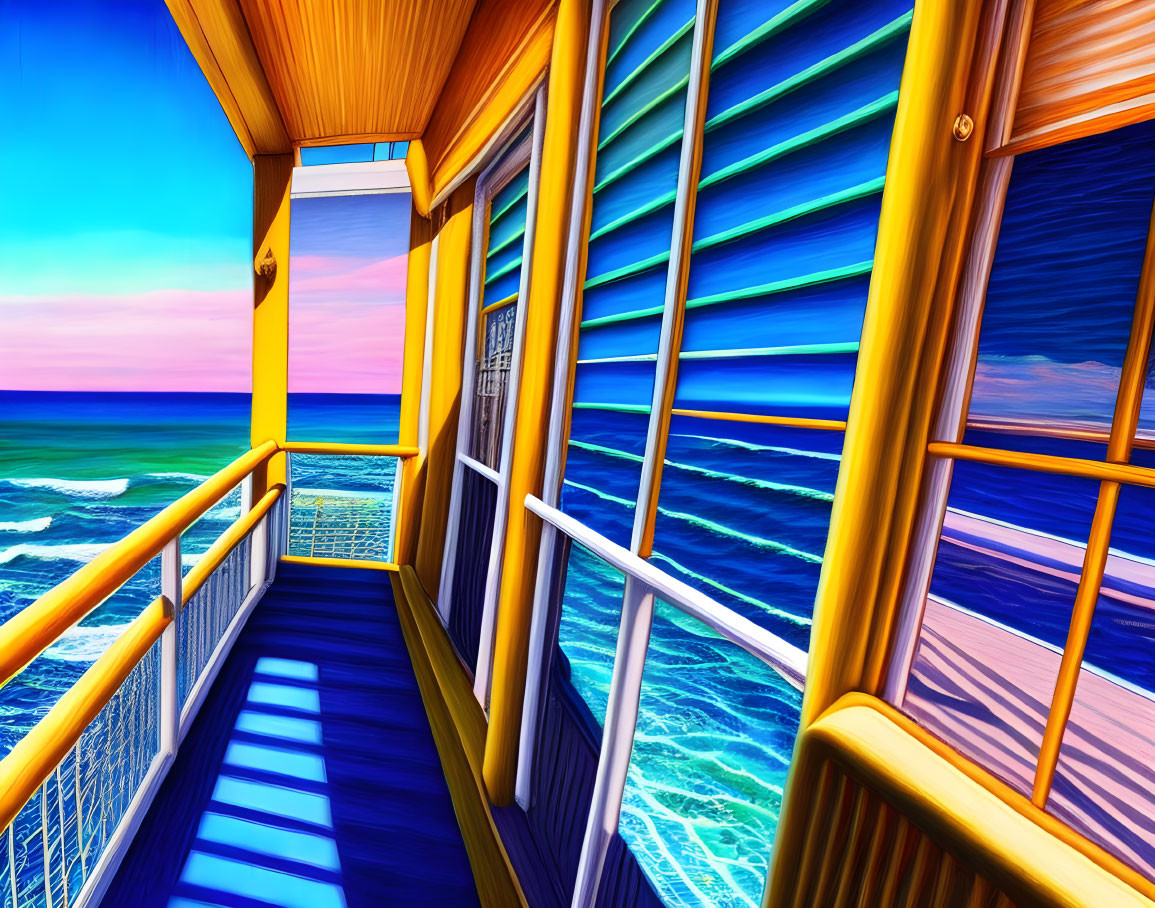 Colorful Digitally Altered Seaside Balcony with Dynamic Waves