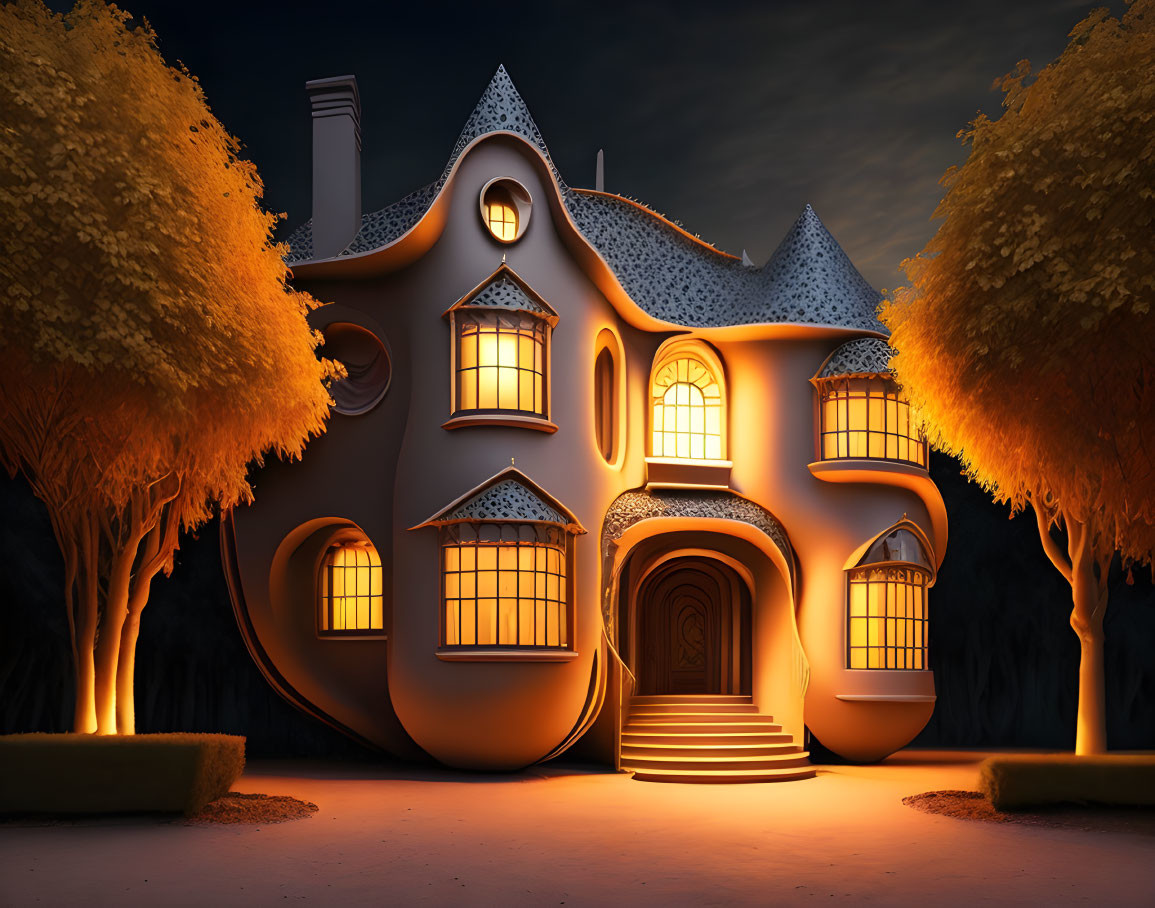 Whimsical Fantasy House with Glowing Windows at Night