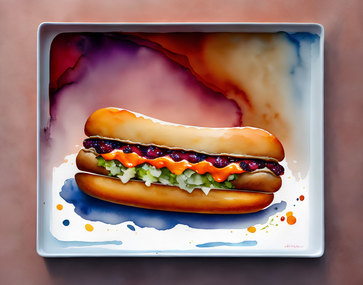 Colorful Watercolor Illustration of Hot Dog with Condiments on Tray