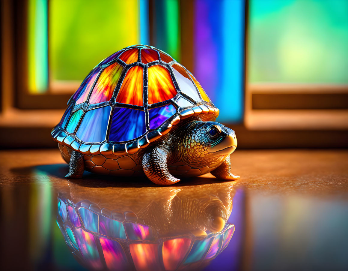 Colorful Turtle with Stained-Glass Shell and Vibrant Windowpanes