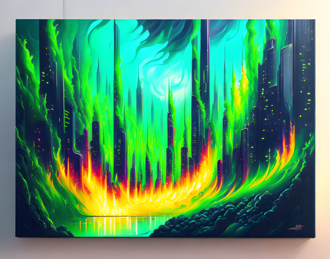 Neon forest digital painting with luminescent trees and reflective river