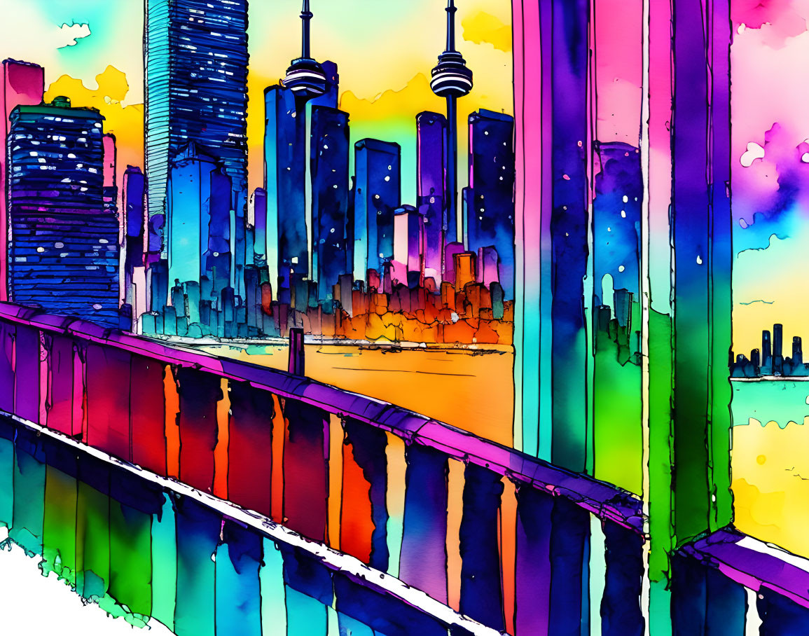 Colorful City Skyline Illustration with Towers in Watercolor Style