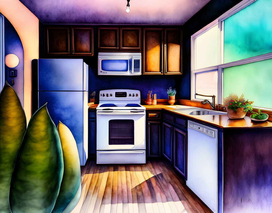 Vibrant kitchen interior illustration with fridge, stove, cabinets & plants