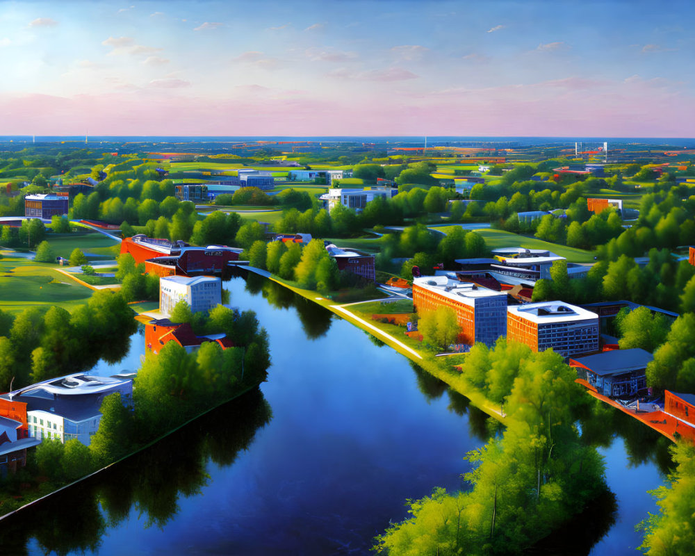 Modern campus buildings by reflective river in lush greenery at dusk