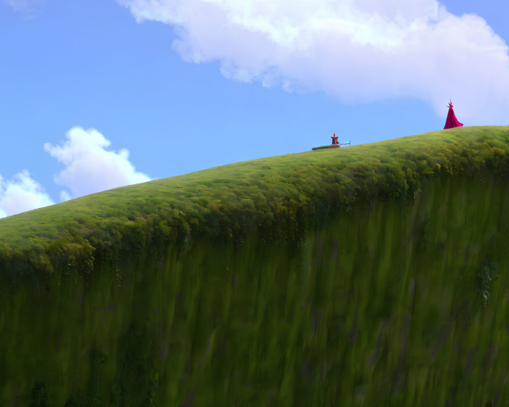 Vibrant green hill with colorful tents under a blue sky