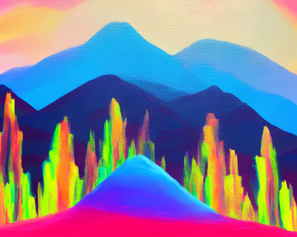 Colorful Neon-Lit Plant Structures Against Silhouetted Mountains