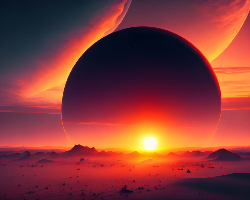 Vibrant surreal desert sunset with looming planets in sky