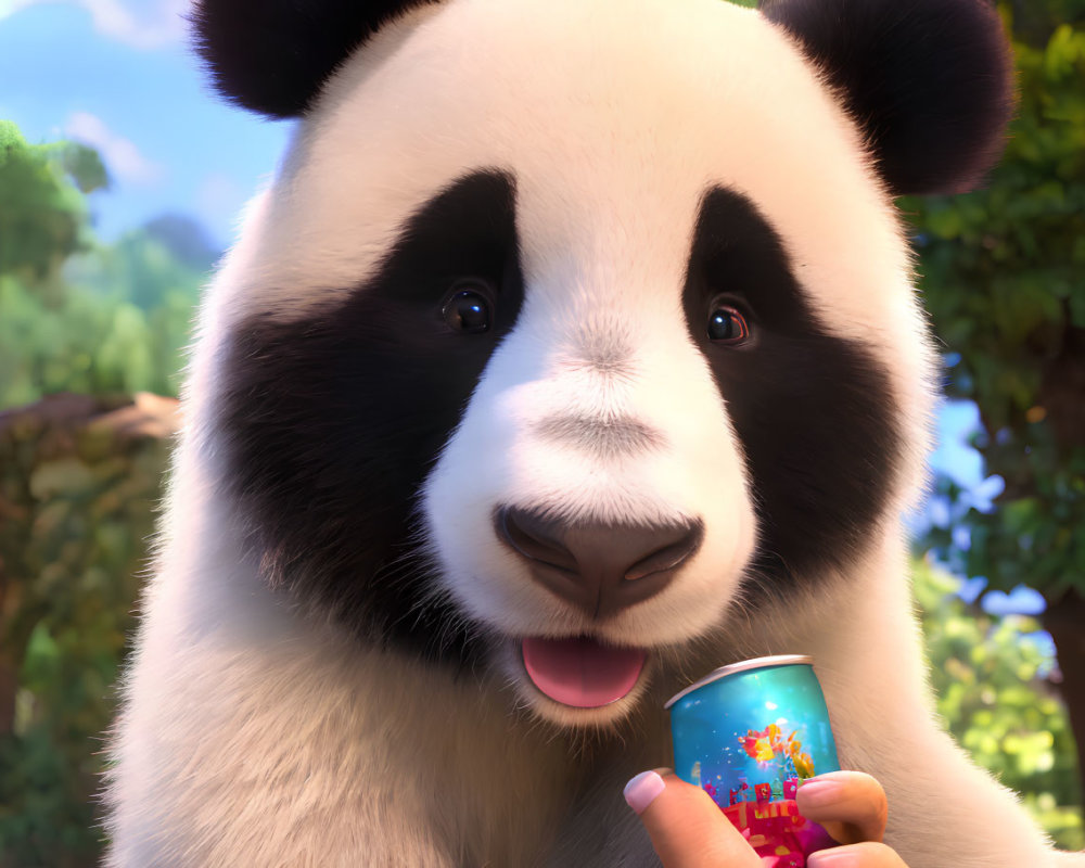 Animated panda holding colorful soda can in lush green forest