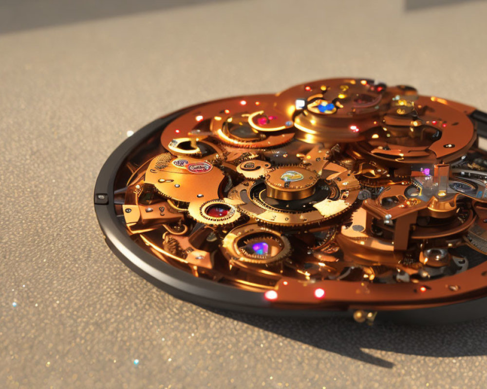 Detailed Golden Gear Mechanical Watch Movement on Glittering Surface