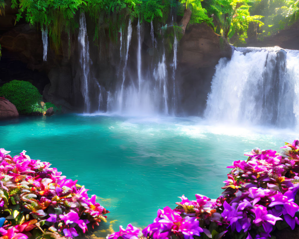 Tranquil Serenine Waterfall Surrounded by Greenery and Pink Flowers