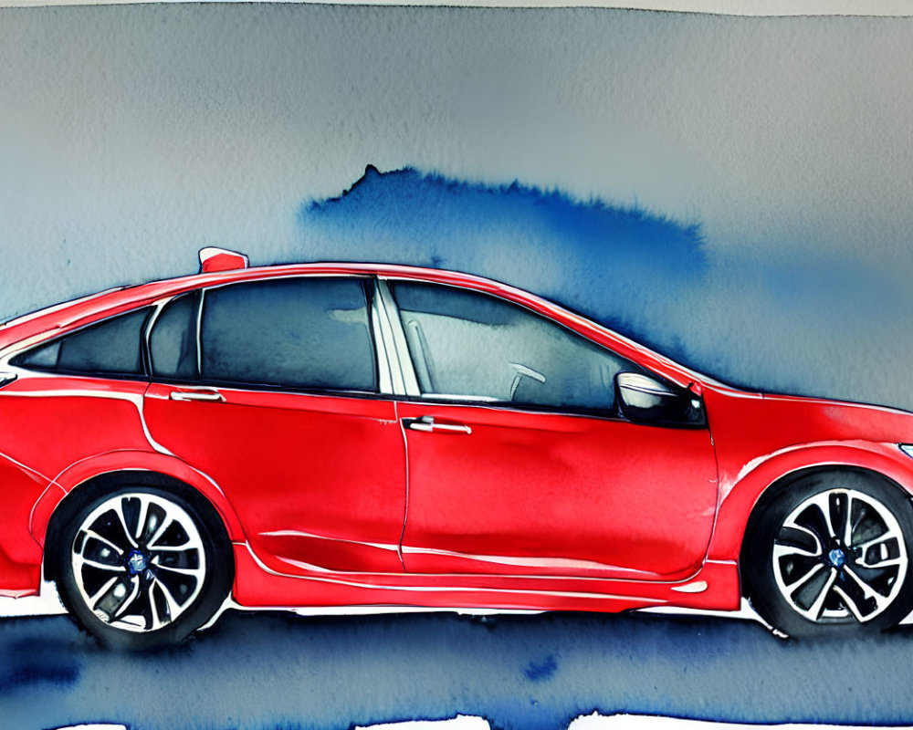 Vivid Watercolor Illustration of Red Sedan with Blue Background