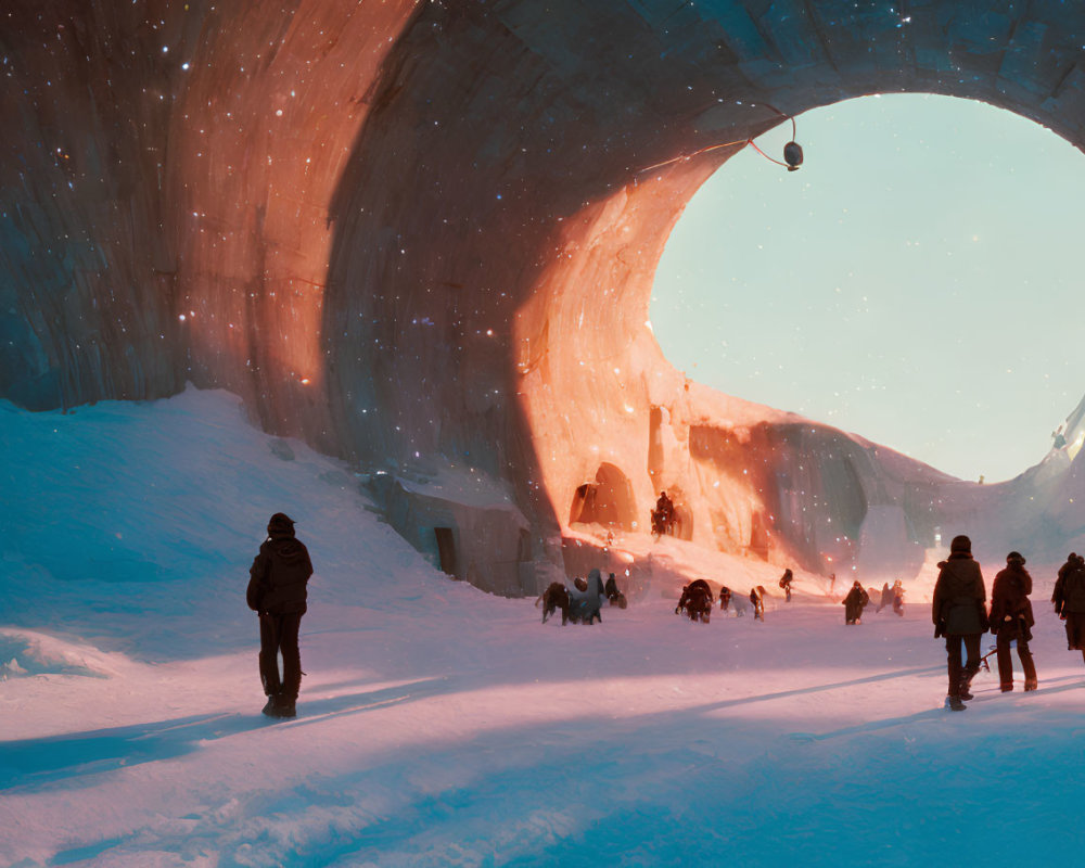 Explorers in a Vast Ice Cave with Warm Light Filtering Through